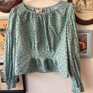 Vintage Handmade Reproduction Teal Cotton Peaseant Blouse with Rose Print